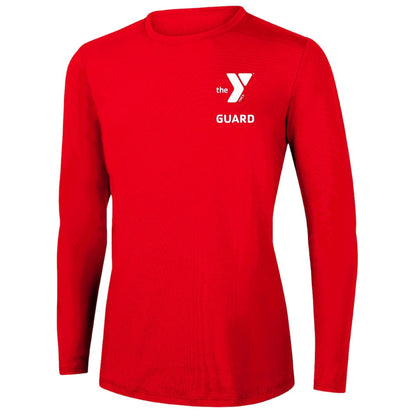 The Lifeguard Store red long sleeve crewneck rashguard with YMCA Guard logo. Made of poly-spandex blend with UPF 50+ protection.