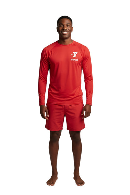 The Lifeguard Store red long sleeve crewneck rashguard with YMCA Guard logo. Made of 91% polyester/9% spandex.