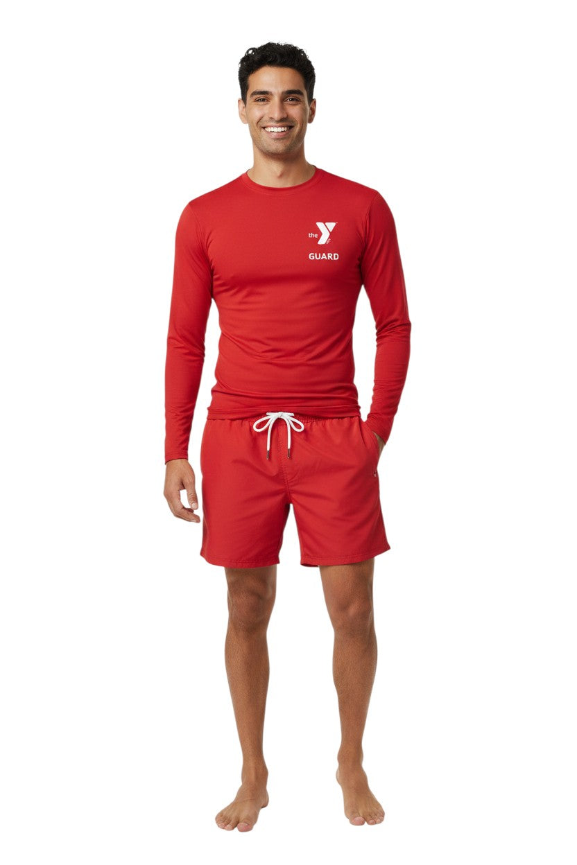 The Lifeguard Store red long sleeve rashguard with YMCA Guard logo. Polyester-spandex blend for comfort and UV protection.