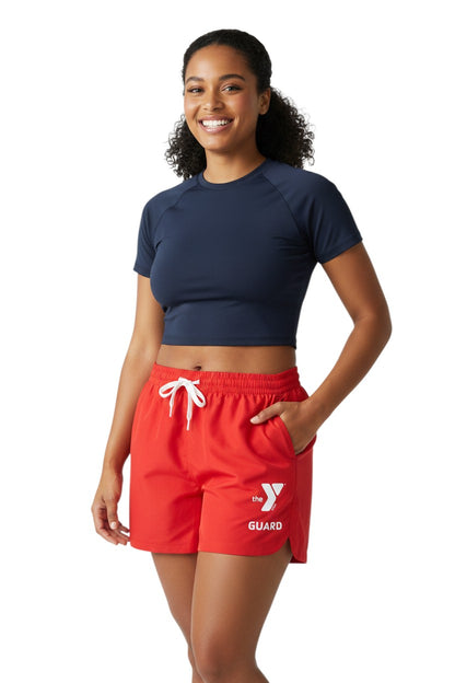 The Lifeguard Store red polyester YMCA Guard Roll shorts with elastic waistband, drawstring, and pockets. UPF30+.