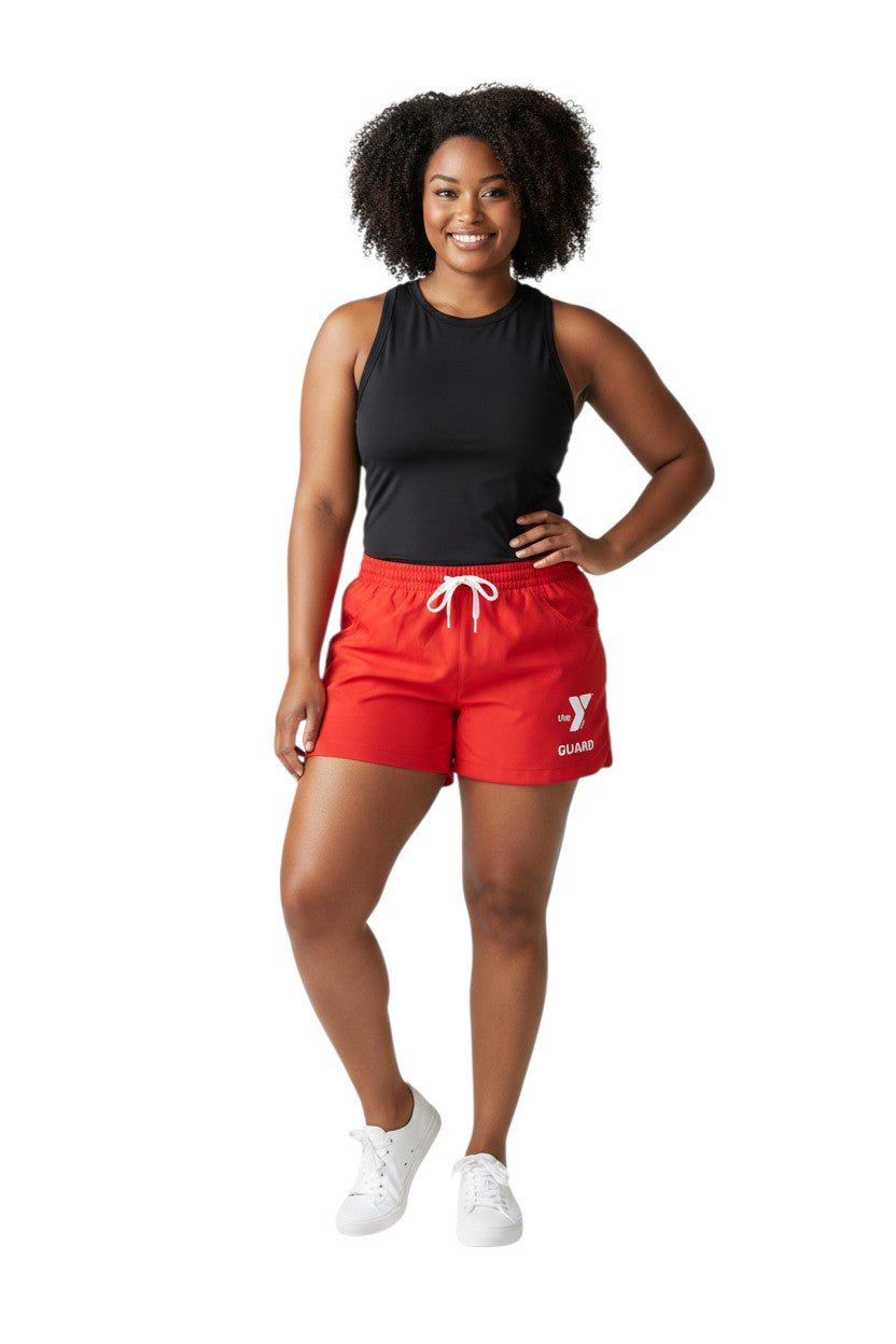 The Lifeguard Store red polyester YMCA Guard Roll shorts with elastic waistband, drawstring, and pockets. UPF30+.