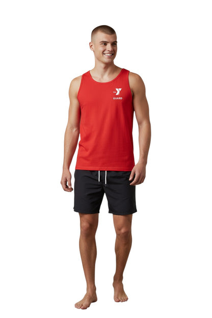 The Lifeguard Store red 100% cotton jersey YMCA Guard tank top with white logo on front. Ideal for hot weather.
