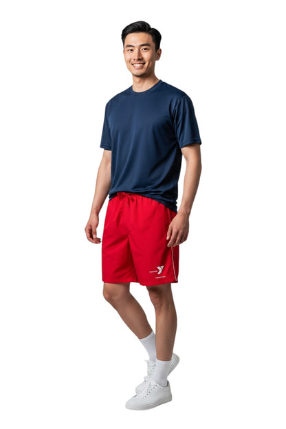 The Lifeguard Store red YMCA Instructor board shorts with white trim and drawstring. 7" inseam.