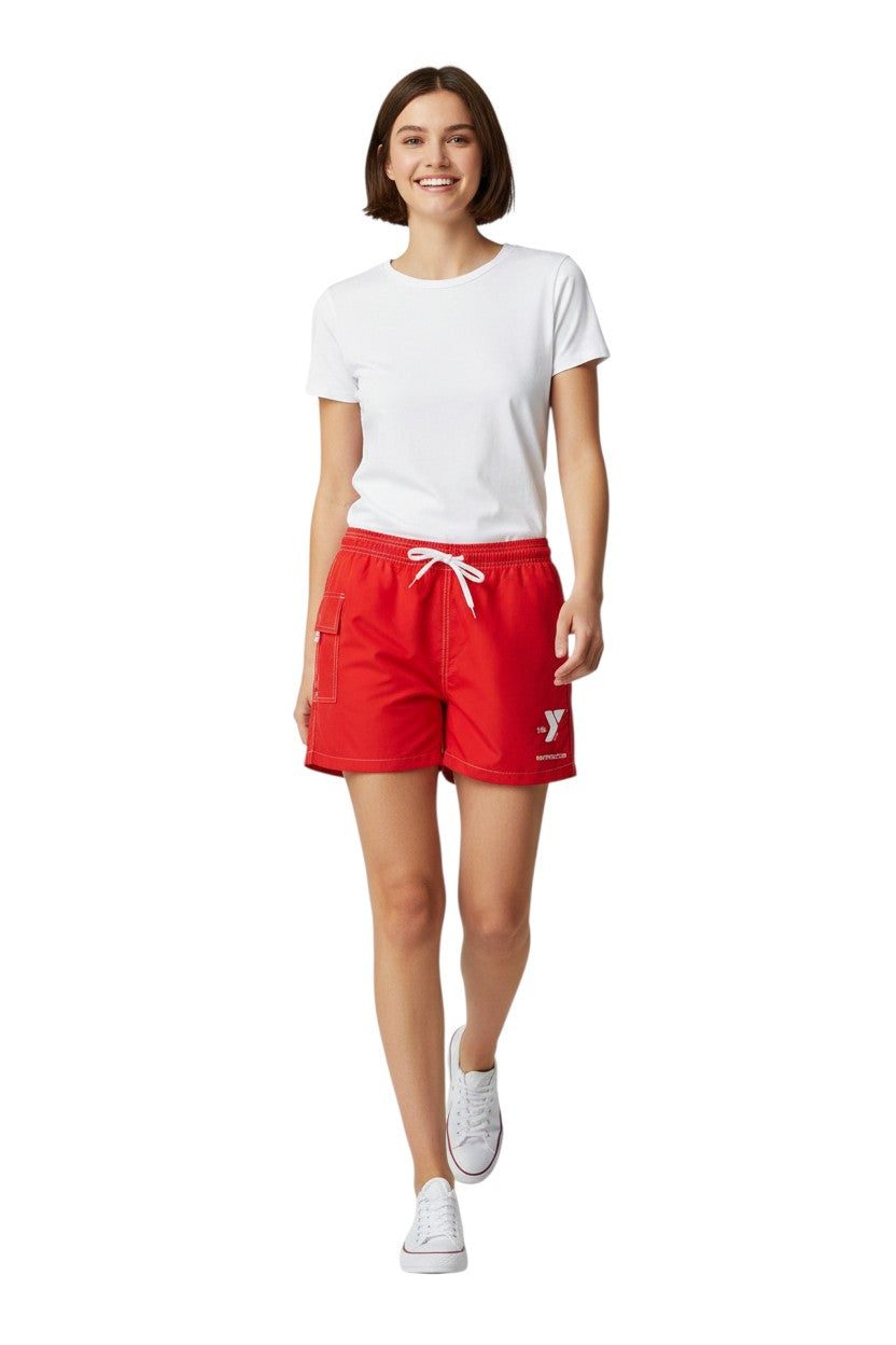 The Lifeguard Store red polyester/spandex board shorts with YMCA Instructor logo and side pocket. 3" inseam.