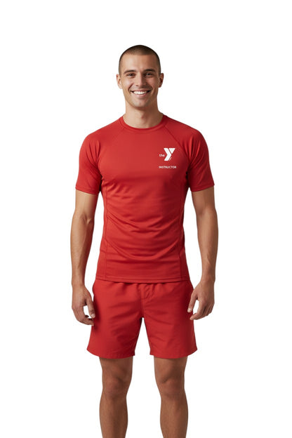 The Lifeguard Store red short-sleeve YMCA Kiefer Instructor rashguard made of poly-stretch fabric with UPF50+ protection.