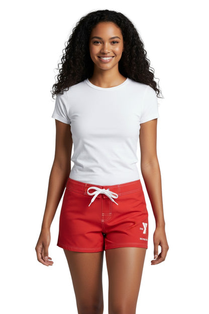 The Lifeguard Store red polyester shorts with 5" inseam, drawstring waist, side pocket, and YMCA Instructor logo.