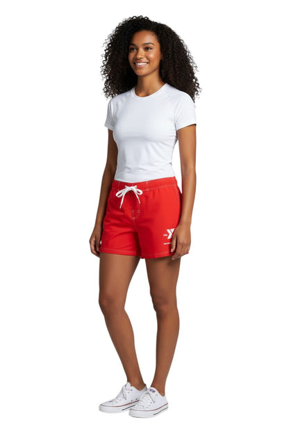 The Lifeguard Store red polyester shorts with 5" inseam, elastic waistband, drawstring, and YMCA Instructor logo.