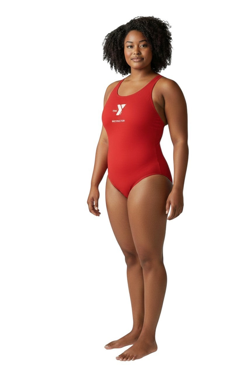 The Lifeguard Store YMCA Kiefer Instructor MB-Back red one piece swimsuit with UPF 50+ protection.