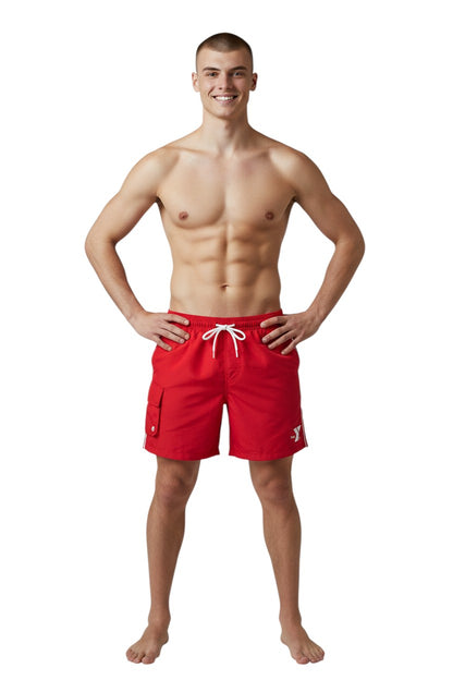 The Lifeguard Store red polyester YMCA Kiefer board shorts with elastic waistband, drawstring, cargo pocket, and logo.