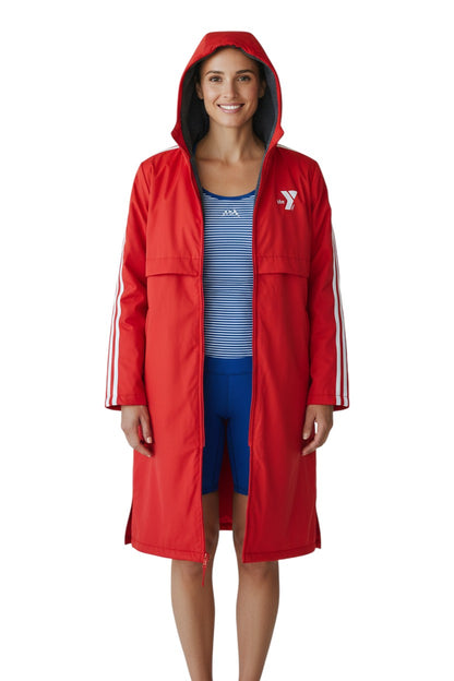 The Lifeguard Store red nylon parka with fleece lining, white stripes on sleeves, and YMCA logo.