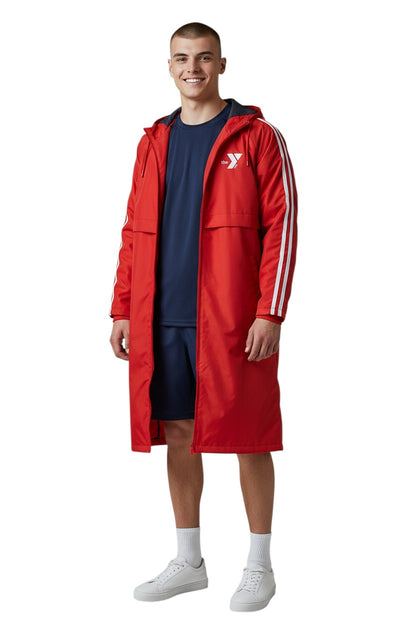 The Lifeguard Store red nylon parka with fleece lining, white stripes on sleeves, and YMCA logo.
