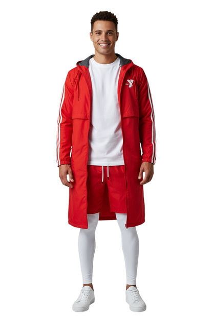 The Lifeguard Store red nylon parka with fleece lining, white stripes on sleeves, and YMCA logo. Ideal for cool weather.