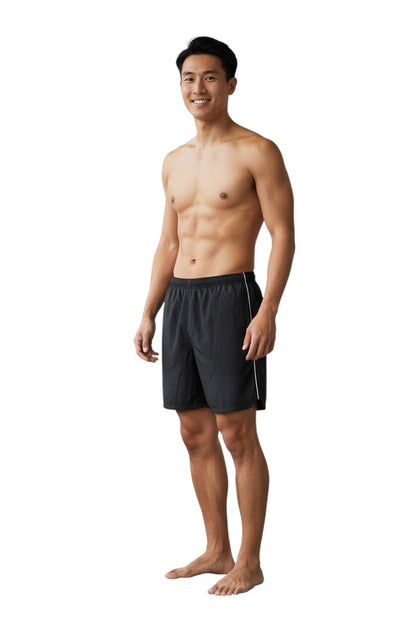 The Lifeguard Store RISE Classic Solid Trunk, black nylon with white side piping and 5" inseam.