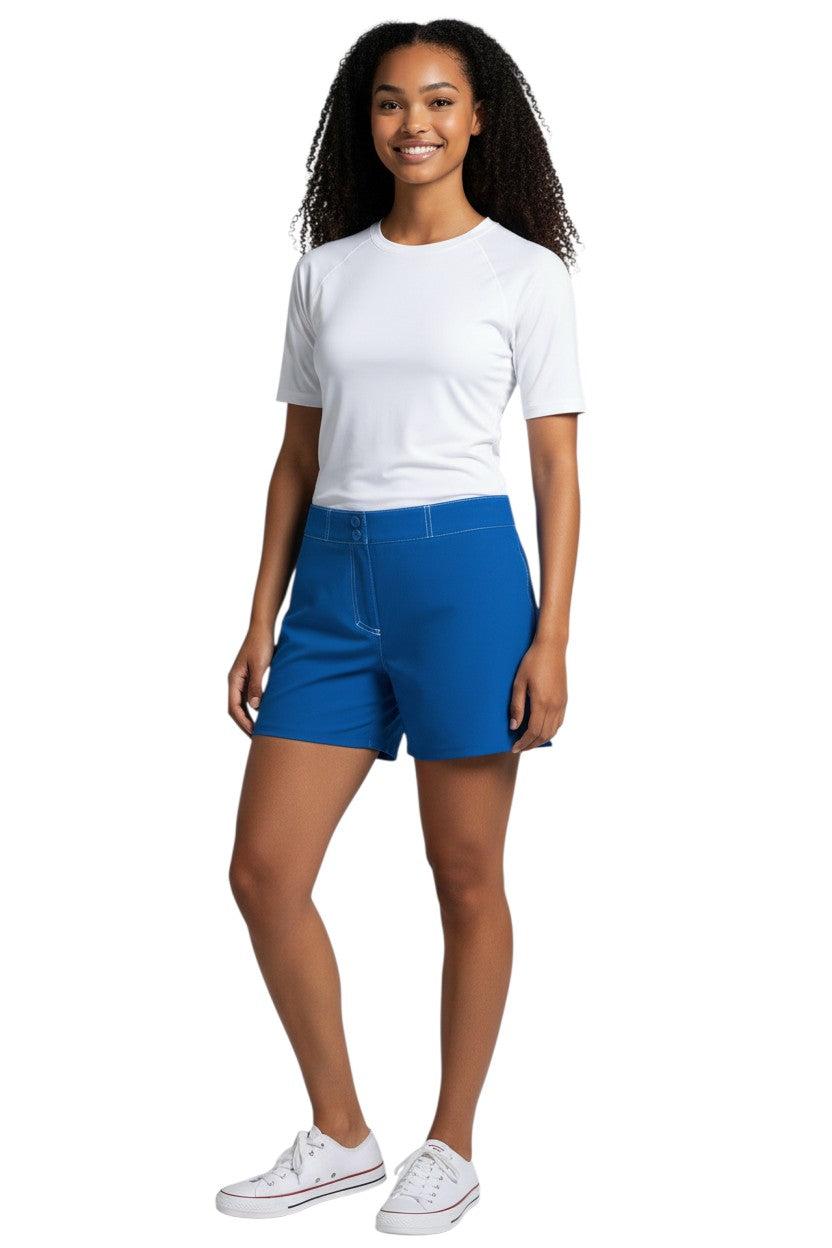The Lifeguard Store RISE Solid Female Flex Short in royal blue, 5" inseam, 94% polyester/6% spandex, with pocket and white contrast stitching.