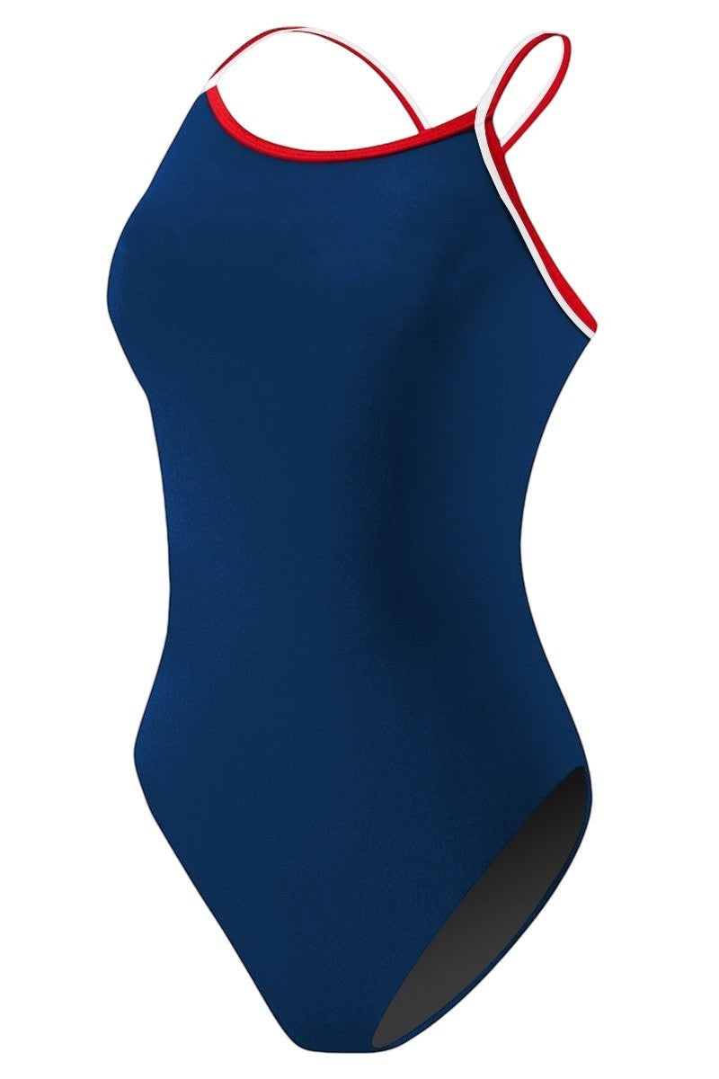 The Lifeguard Store RISE Guard H-Back Reversible One Piece Swimsuit in navy blue with red and white trim. Features UPF 50+ protection.