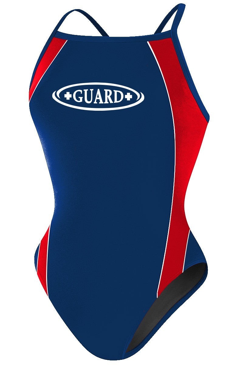 The Lifeguard Store RISE Guard H-Back Poly Splice One Piece Swimwear in navy with red side panels and GUARD+ logo.