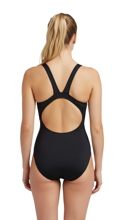 The Lifeguard Store RISE Guard MB Back one-piece swimsuit in black with built-in shelf bra and racerback straps. Made of polyester-spandex blend.