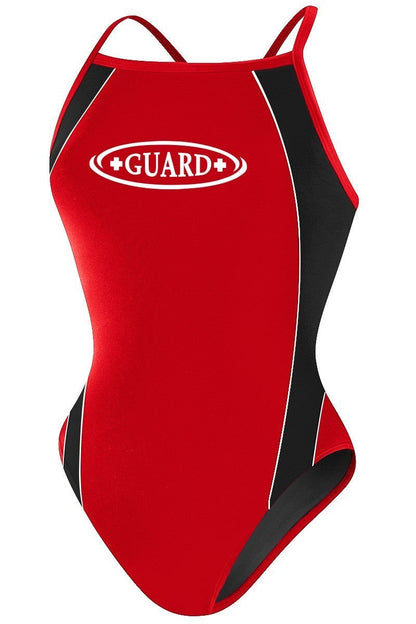The Lifeguard Store RISE Guard H-Back Poly Splice One Piece Swimwear in red with black side panels and white GUARD logo.