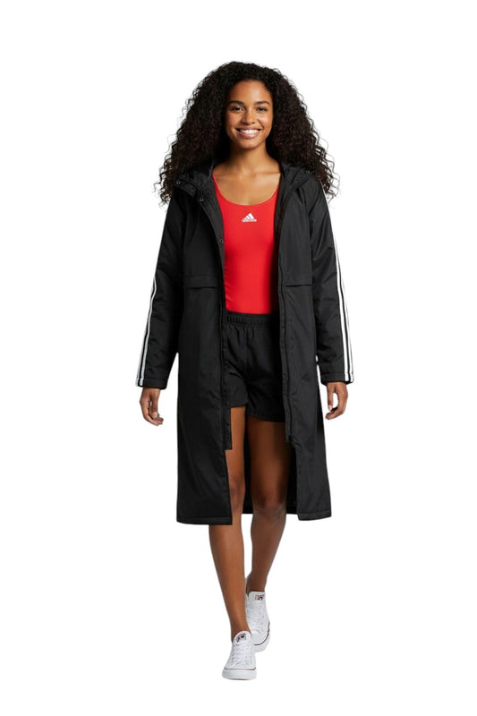 The Lifeguard Store RISE Guard black nylon parka with fleece lining and white stripe accents on sleeves.