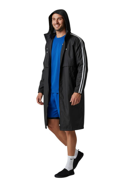The Lifeguard Store RISE Guard black nylon parka with fleece lining and white stripes on sleeves.