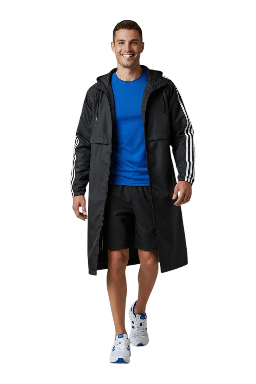 The Lifeguard Store RISE Guard black nylon parka with fleece lining and white Adidas stripes on sleeves.
