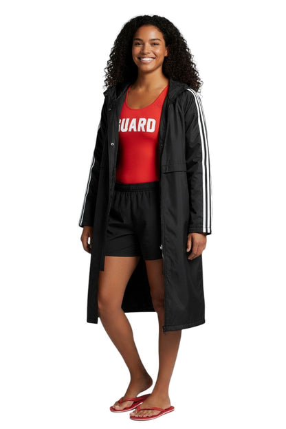 The Lifeguard Store RISE Guard black nylon parka with white stripes on sleeves, fleece lined, and hood.