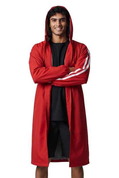 The Lifeguard Store RISE Guard Splice Parka in red nylon with fleece lining and white stripes on sleeves.