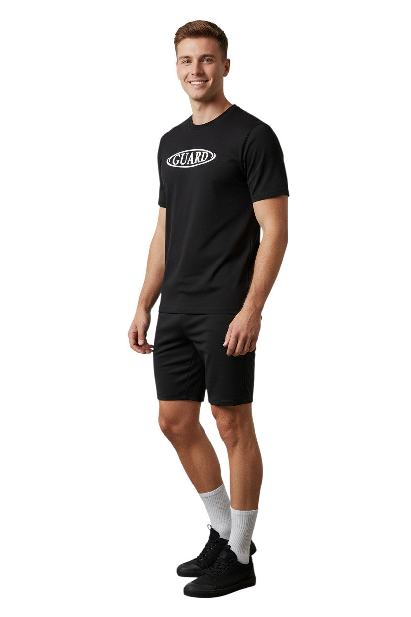 The Lifeguard Store RISE Guard black short sleeve crew neck rashguard with white oval logo on chest. UPF50+.