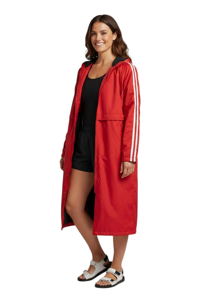 The Lifeguard Store RISE Guard red nylon parka with white stripes on sleeves and fleece lining.