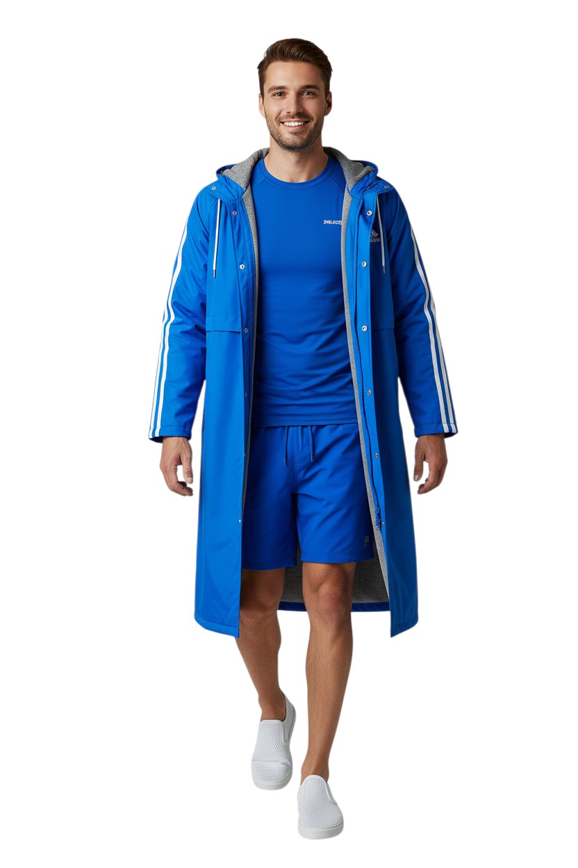 The Lifeguard Store RISE Guard Splice Parka in royal blue nylon with fleece lining and white stripes on sleeves.