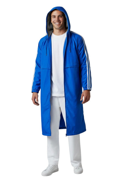 The Lifeguard Store RISE Guard Splice Parka in royal blue nylon with fleece lining, white stripes on sleeves, and hood.