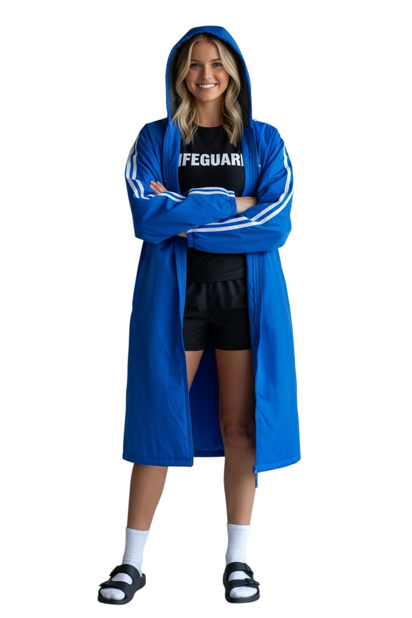 The Lifeguard Store RISE Guard Splice Parka in royal blue nylon with fleece lining and white side stripes. Features a hood and full zip.