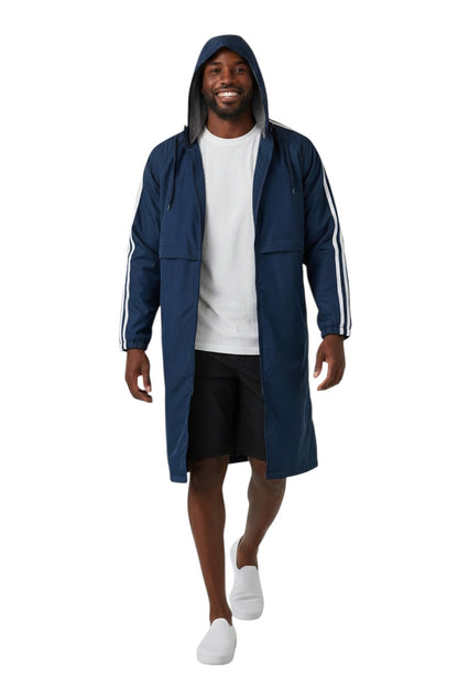 The Lifeguard Store RISE Guard Splice Parka in navy blue nylon with white stripes on sleeves. Features a hood and fleece lining.