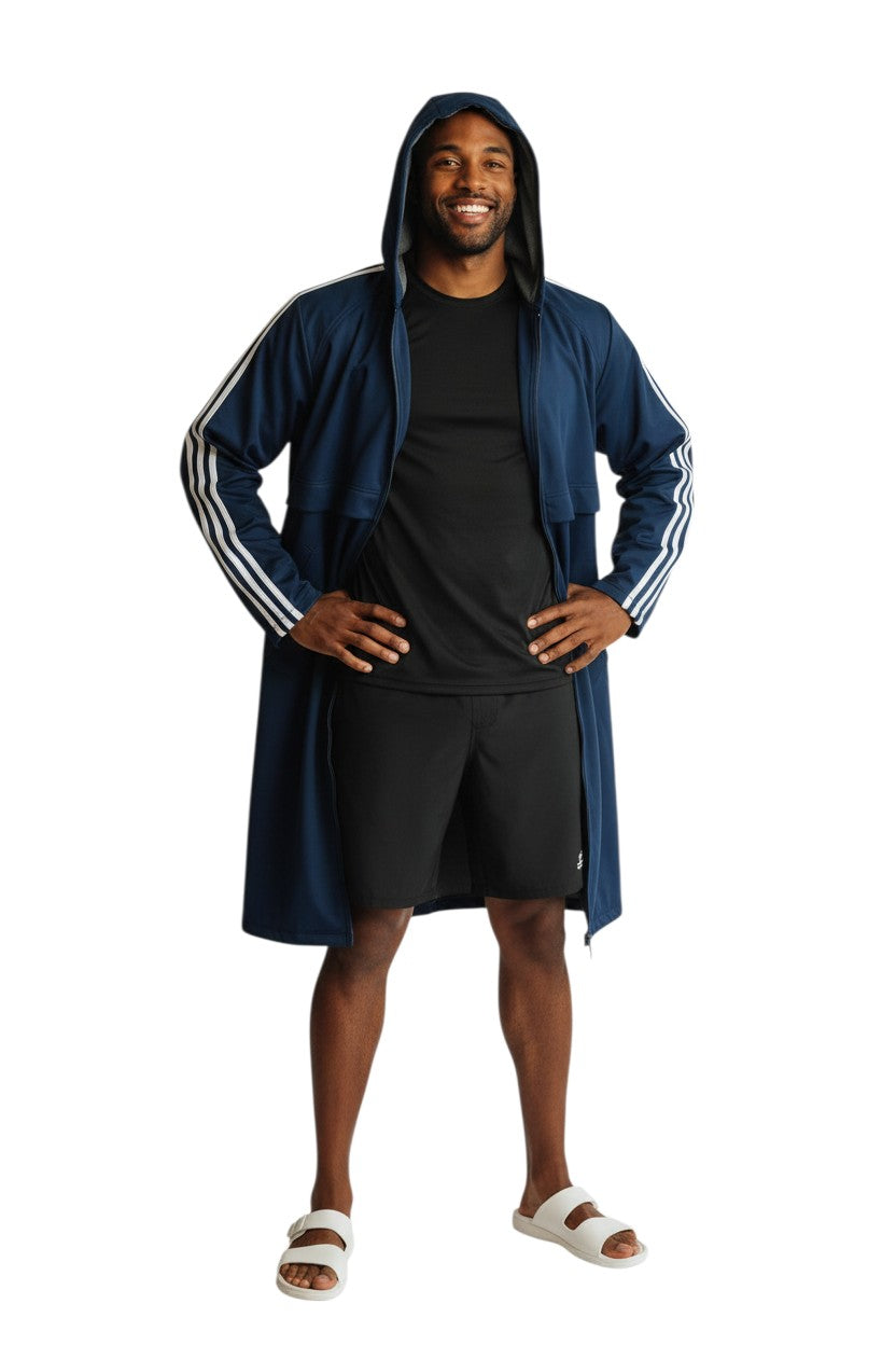 The Lifeguard Store RISE Guard Splice Parka in navy blue nylon with fleece lining and white stripes on sleeves.