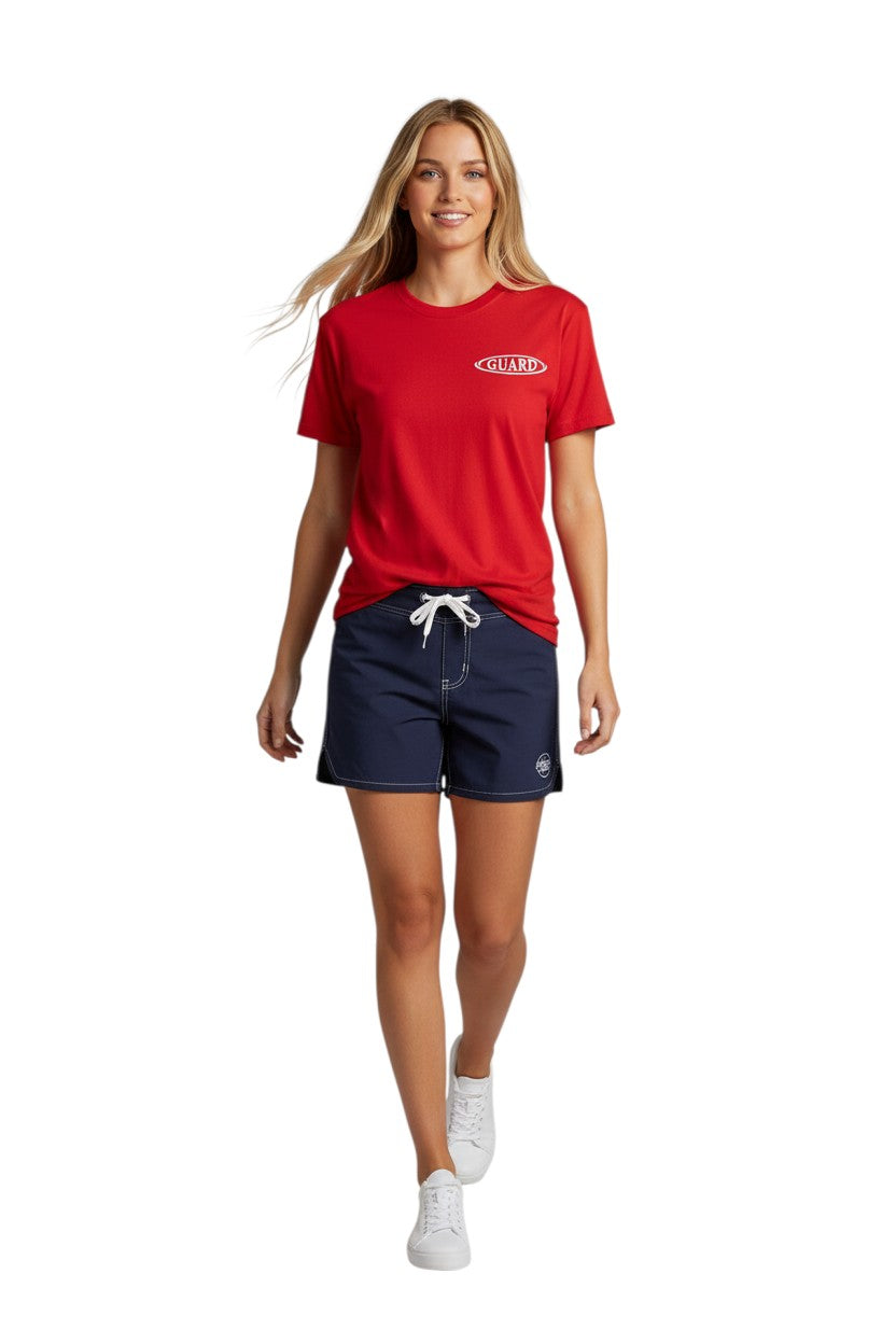 The Lifeguard Store RISE Guard Tee, a short-sleeve red 100% cotton jersey t-shirt with a white oval "GUARD" logo on the left chest.