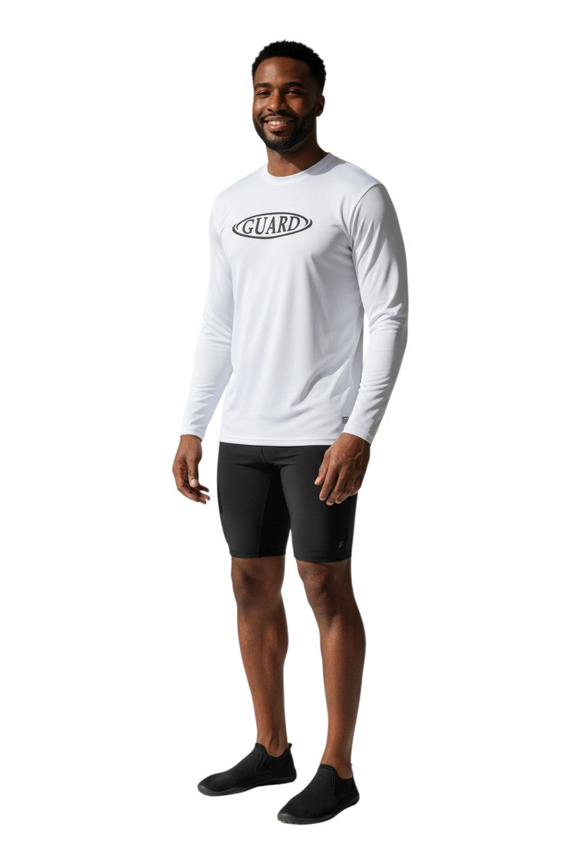 The Lifeguard Store RISE Guard white long sleeve crew neck rashguard with black GUARD logo. UPF50+ protection.