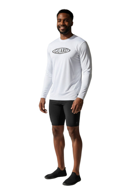 The Lifeguard Store RISE Guard white long sleeve crew neck rashguard with black GUARD logo. UPF50+ protection.