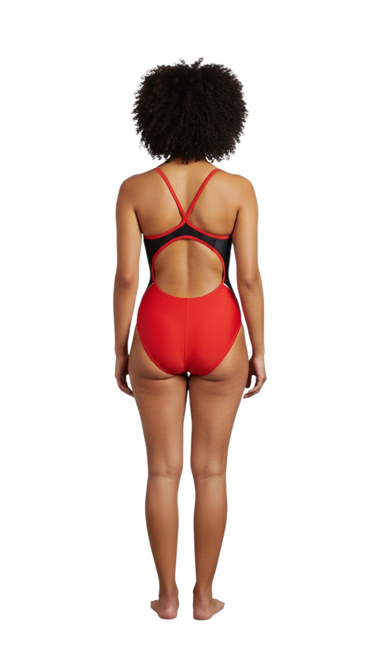 The Lifeguard Store RISE Solid H-Back Poly Splice swimsuit in red and black. Features H-back straps and poly stretch fabric.