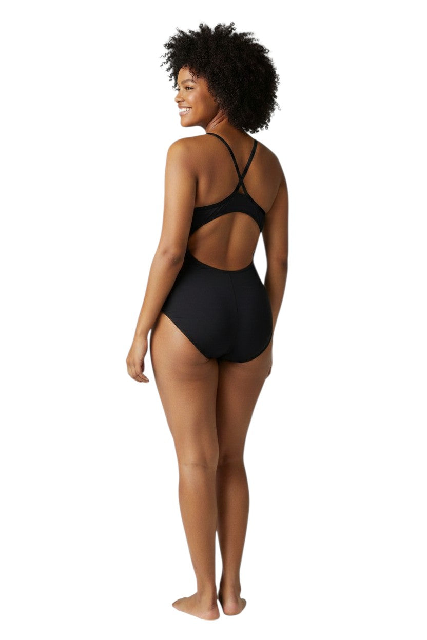 The Lifeguard Store RISE Instructor Poly H-Back black one-piece swimsuit with white trim and H-back straps. Made of polyester and spandex.