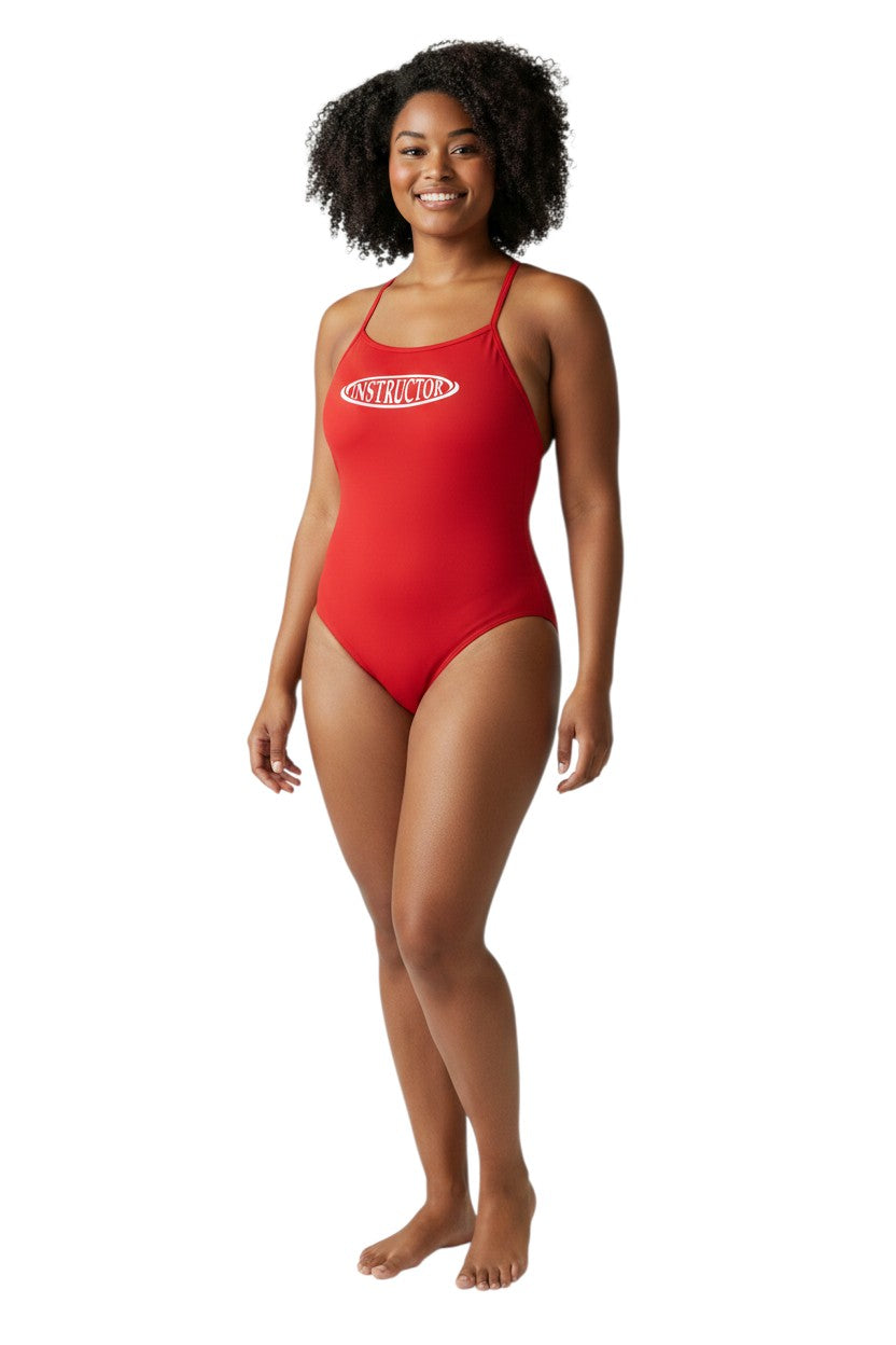 The Lifeguard Store RISE Instructor red poly-spandex swimsuit with H-back straps and oval logo.