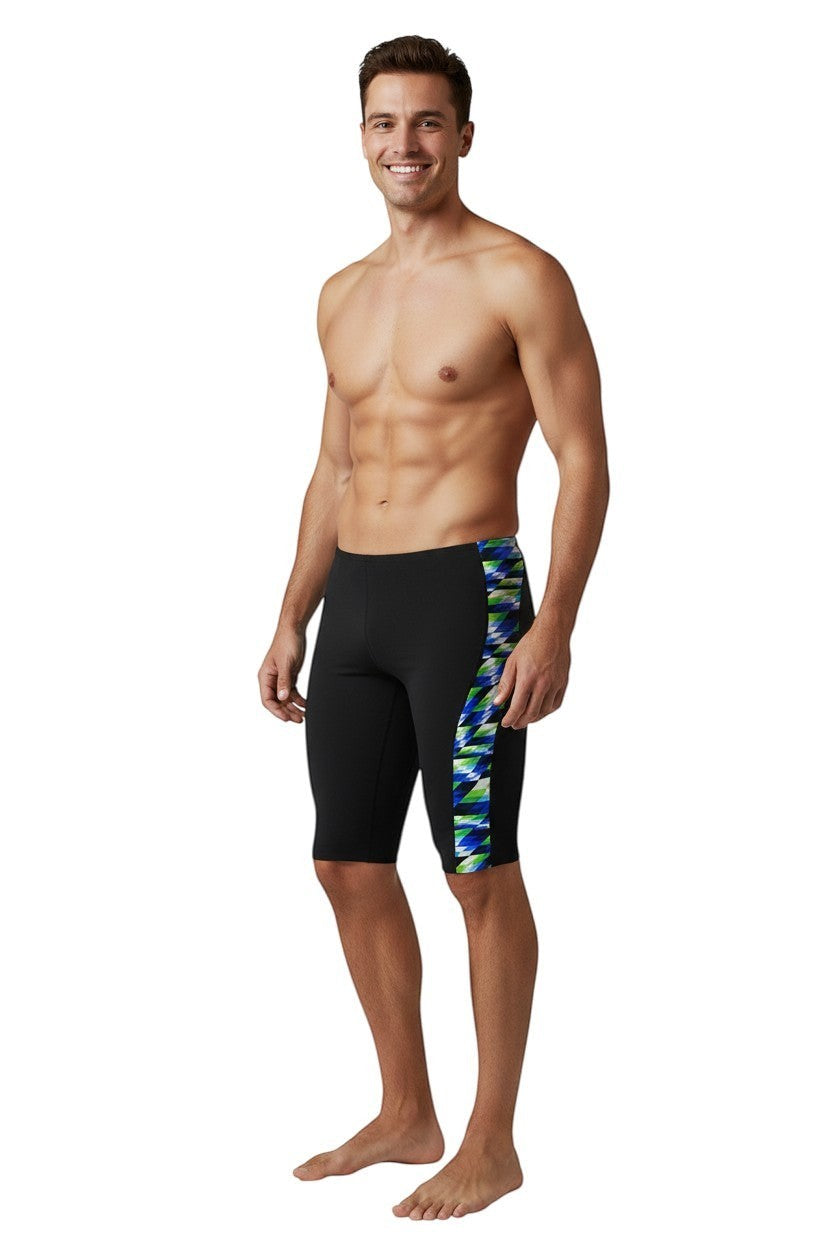 The Lifeguard Store RISE Sandies Swerve Poly Jammer swimsuit in black with a blue, green, and white geometric side stripe. Made of 91% Polyester/9% Spandex.