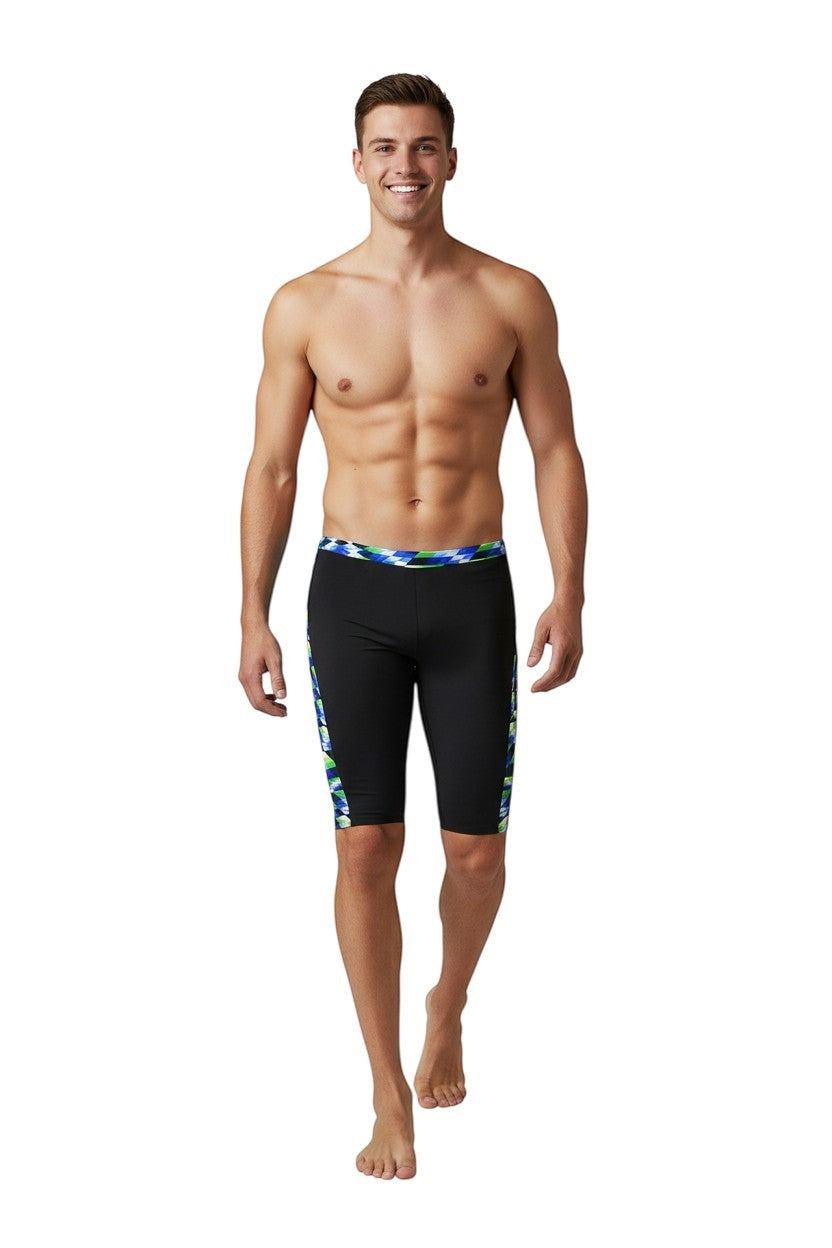 The Lifeguard Store RISE Sandies Swerve Poly Jammer swimsuit in black with a geometric blue, green, and white side stripe. Made of Polyester/Spandex blend.