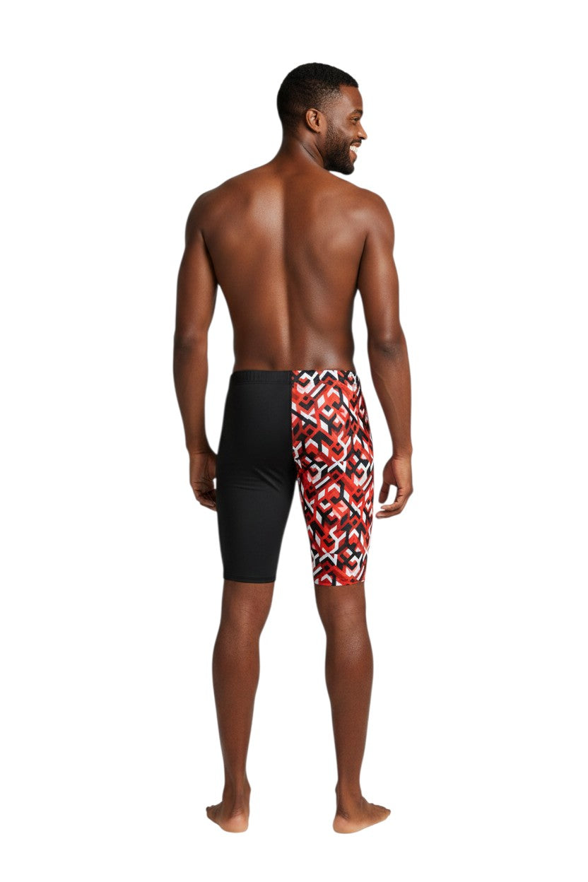 The Lifeguard Store RISE Sandies Breakout Poly Jammer swimsuit with black left leg and red geometric pattern on right leg. Made of Polyester/Spandex blend.