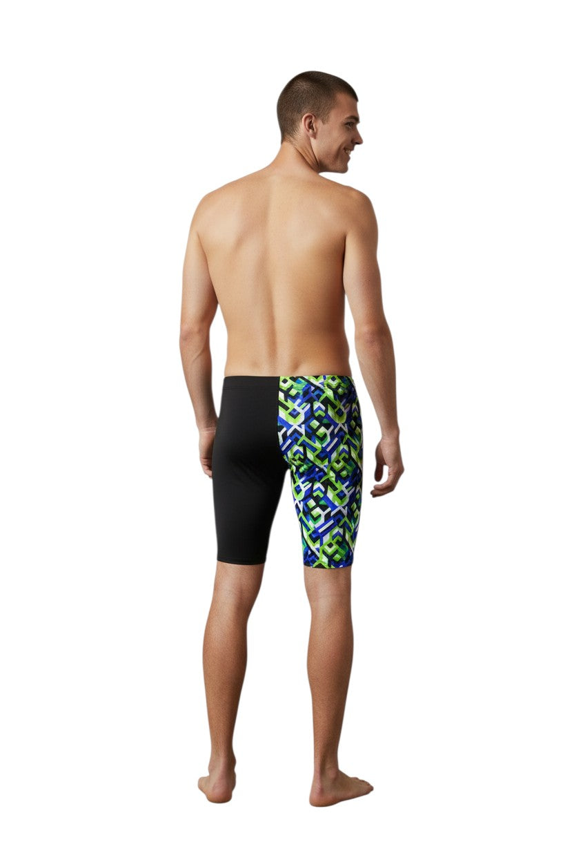 The Lifeguard Store RISE Sandies Breakout Poly Jammer swimsuit in black with a geometric blue, green, and white pattern on the right leg. Made of polyester/spandex blend.