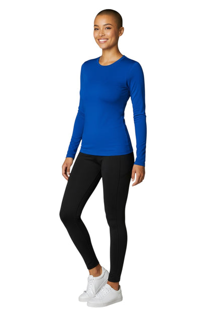 The Lifeguard Store RISE Solid Long Sleeve Crew Neck Rashguard in royal blue, made of polyester and spandex blend with UPF50+ protection.