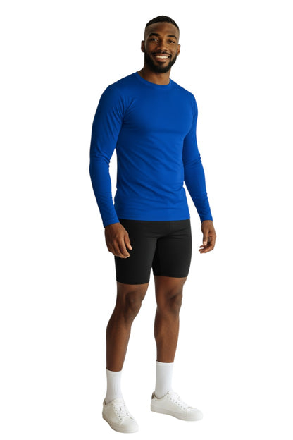 The Lifeguard Store RISE Solid Long Sleeve Crew Neck Rashguard in royal blue, made of polyester and spandex blend with UPF50+ protection.