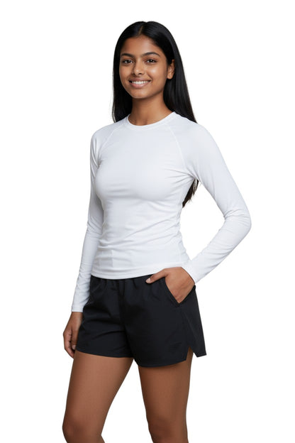 The Lifeguard Store RISE Solid Long Sleeve Crew Neck Rashguard in white, made of polyester and spandex blend with UPF50+ protection.