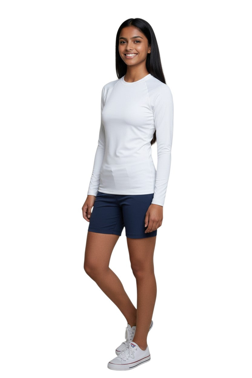 The Lifeguard Store RISE Solid Long Sleeve Crew Neck Rashguard in white, made of polyester and spandex blend with UPF50+ protection.
