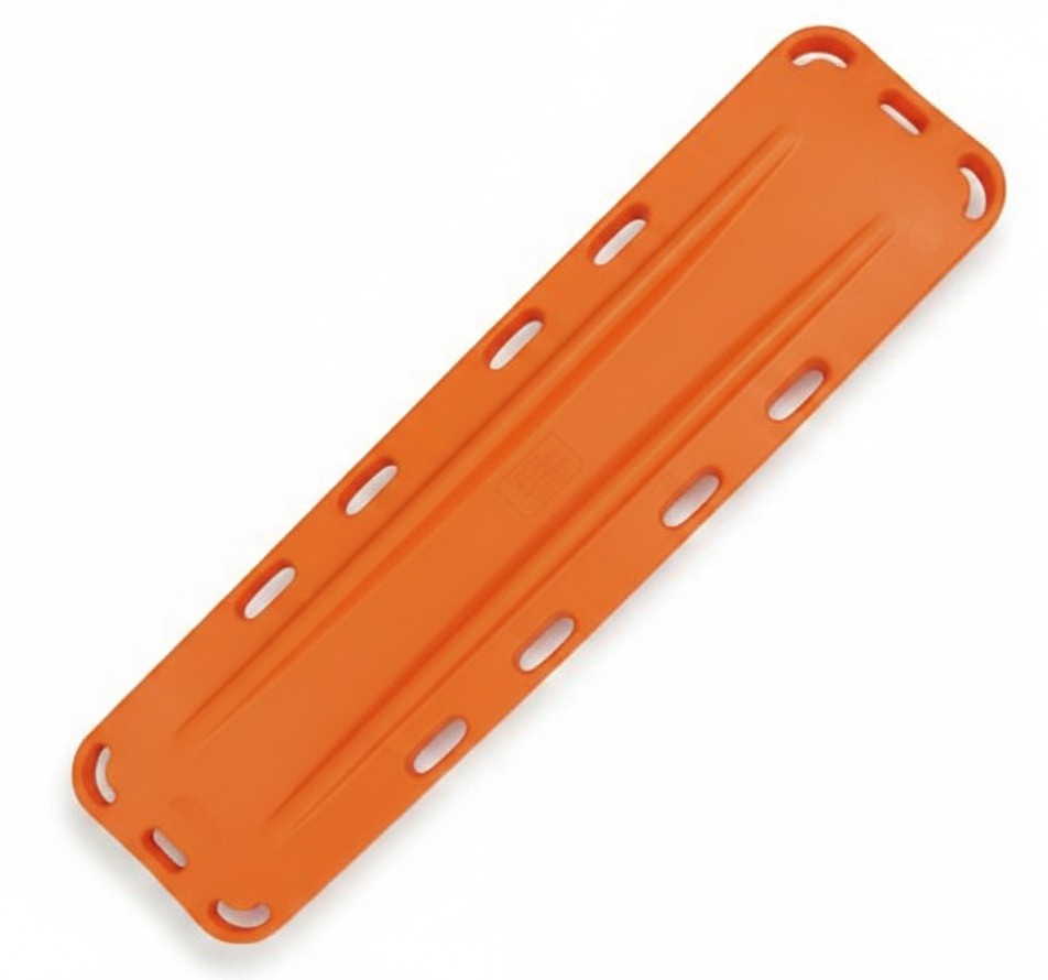 The Lifeguard Store RISE orange plastic backboard with black straps and blue head immobilizer. X-ray translucent.