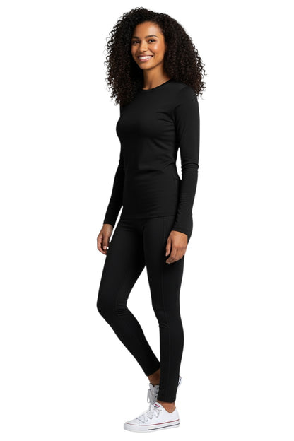 The Lifeguard Store RISE Solid Long Sleeve Crew Neck Rashguard, black polyester-spandex blend with UPF50+ UV protection.